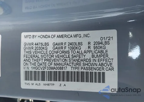 2021 Honda Accord Sport 2.0T from USA, damaged, VIN 1HGCV2F33MA008817